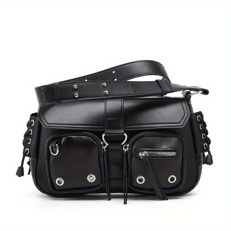 Moto multi-pocket shoulder bag in black PU leather with grommet hardware and D-ring detailing from Alternative Darkwear