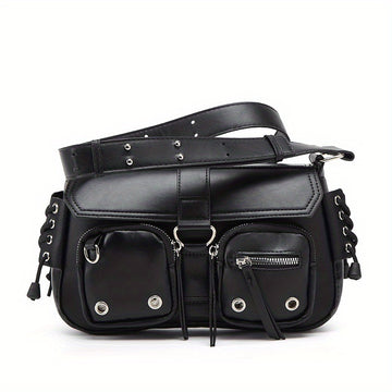 Moto multi-pocket shoulder bag in black PU leather with grommet hardware and D-ring detailing from Alternative Darkwear