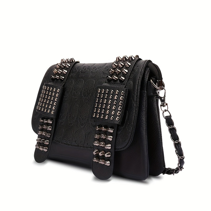 Alternative darkwave studded crossbody bag women black PU leather pyramid studs angled front view