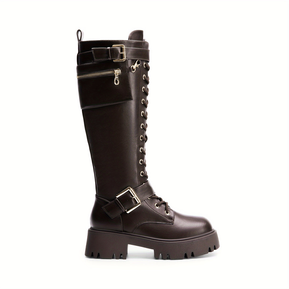 Black alternative darkwave knee high platform boots women hidden pocket buckle strap lace up