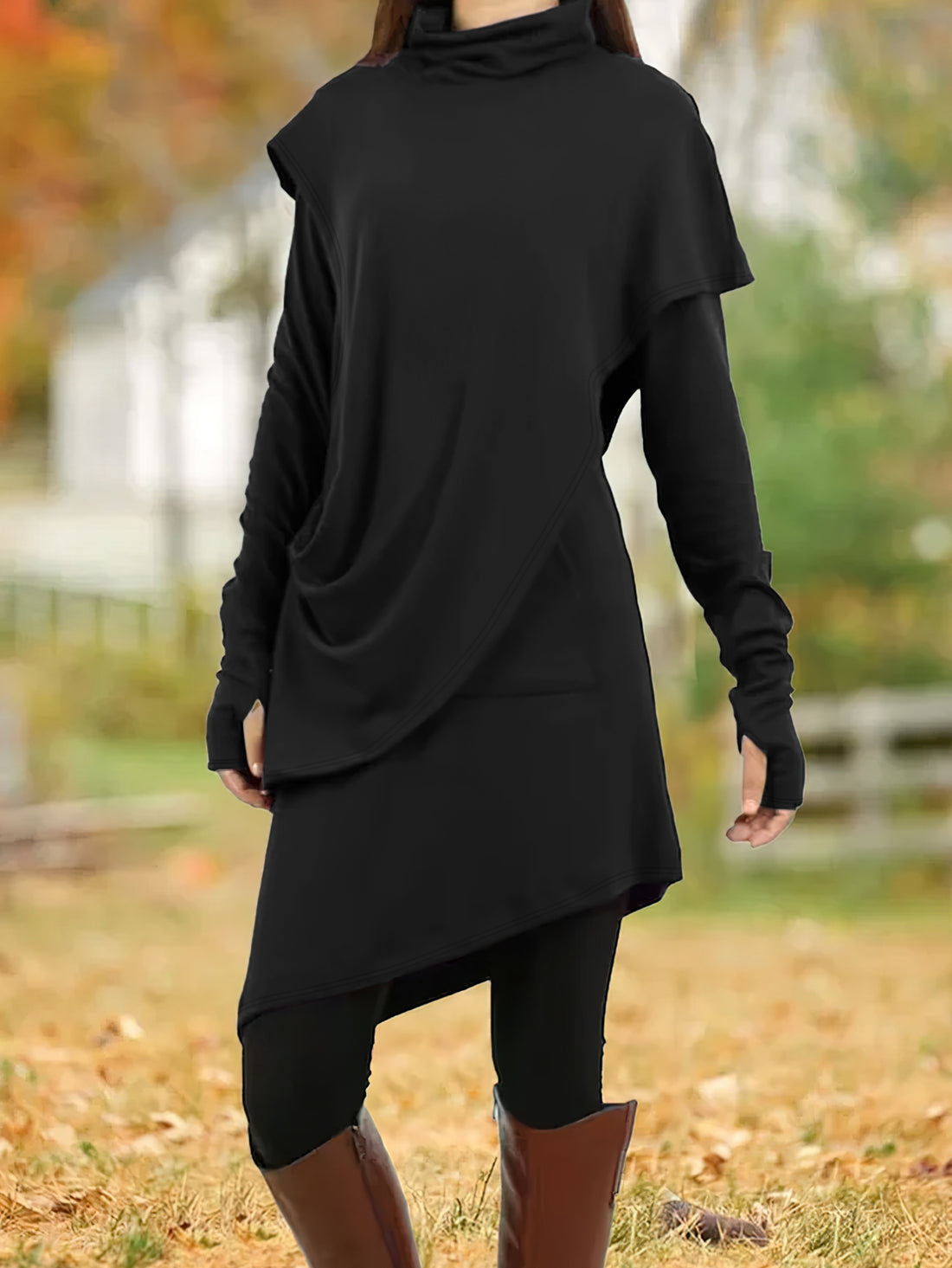 Asymmetric hem cowl neck tunic dress in black slim fit knit from Alternative Darkwear