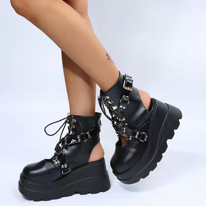 Black open toe platform boots alternative fashion women chunky sole and harness strap side view