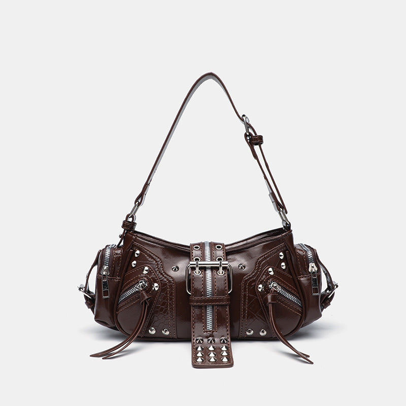 Buckle harness shoulder bag in coffee brown PU leather from Alternative Darkwear