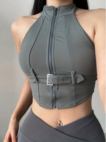 Zip-Front Halter Crop Top | Buckle Detail | Techwear Darkwear