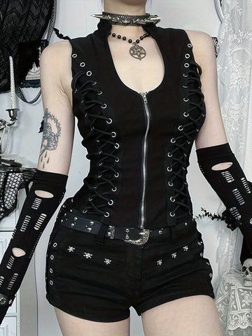 Stylish Gothic Black Strap Waist Zipper Tank Top for Women