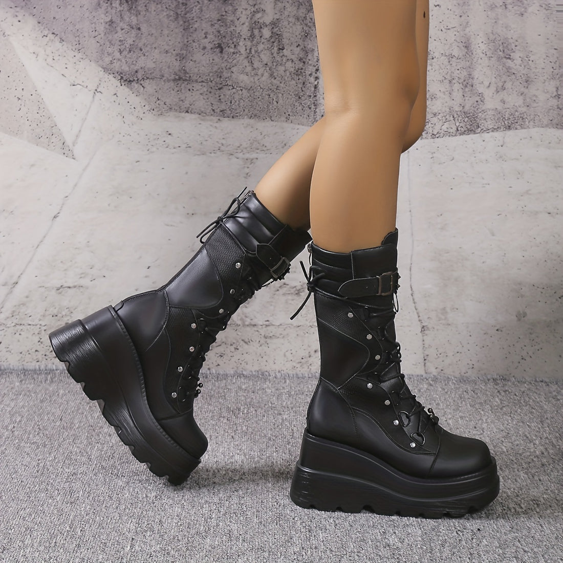 Black studded wedge platform boots darkwave fashion women silver dome studs full shaft side profile