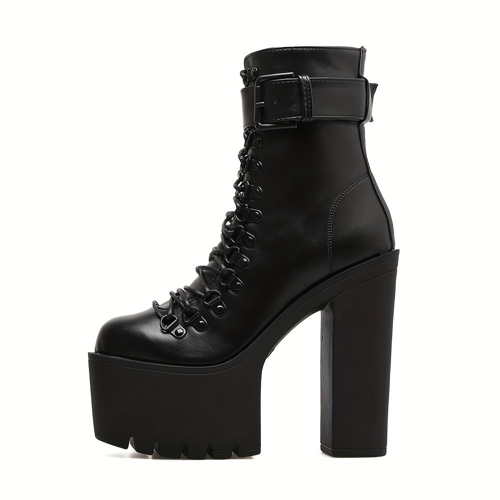 Black chunky heel platform boots alternative fashion women side view lug sole and buckle strap detail