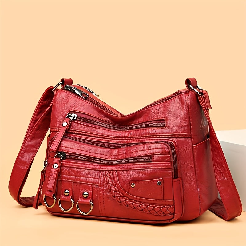 Red: Multi-pocket quilted PU shoulder bag in red from Alternative Darkwear