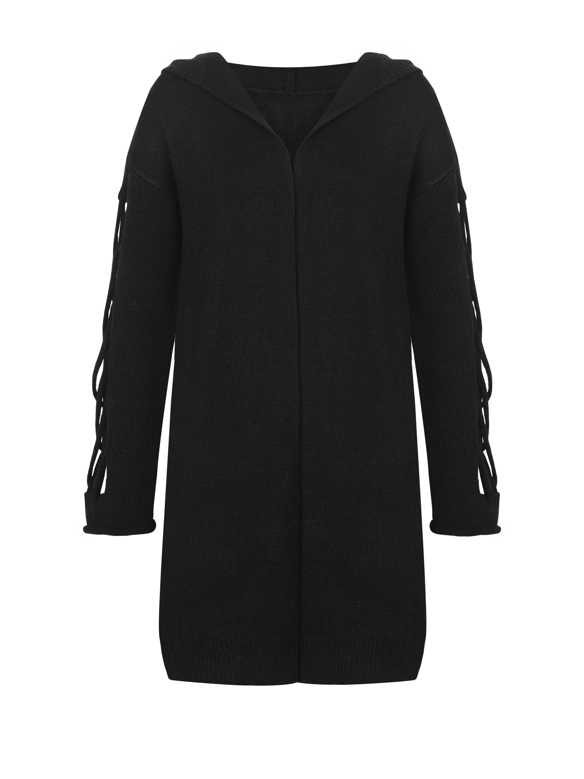 Flat lay of floral embroidered hooded duster cardigan in black showing sleeve embroidery detail from Alternative Darkwear