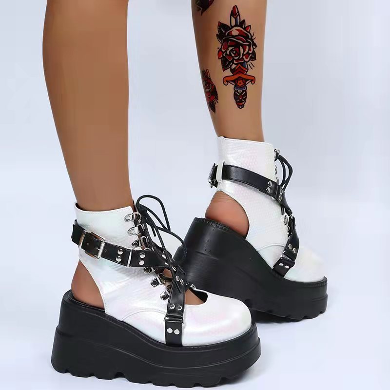 White and black open toe platform boots darkwear fashion women angled view cut out heel design
