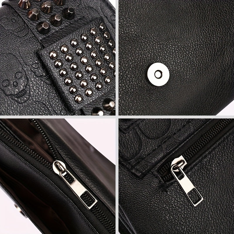 Black alternative darkwave crossbody bag women pyramid studs and skull emboss close up hardware detail