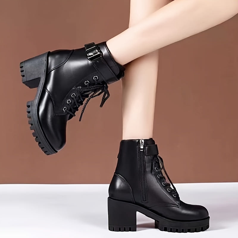 Black alternative darkwave boots women thick platform lug sole and block heel close up detail
