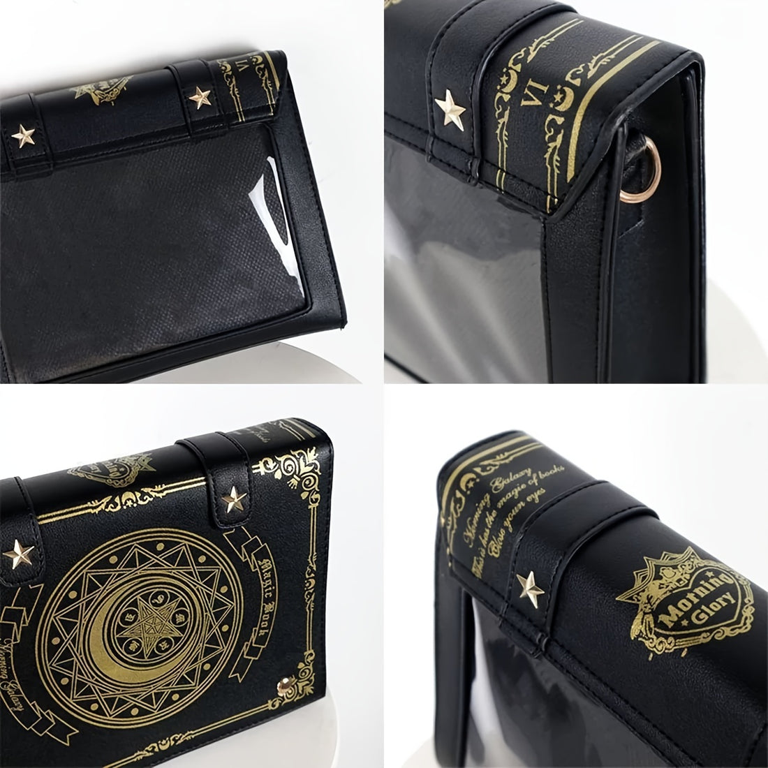 Gothic spellbook crossbody bag in black faux leather with celestial moon embossing and gold occult detailing from Alternative Darkwear
