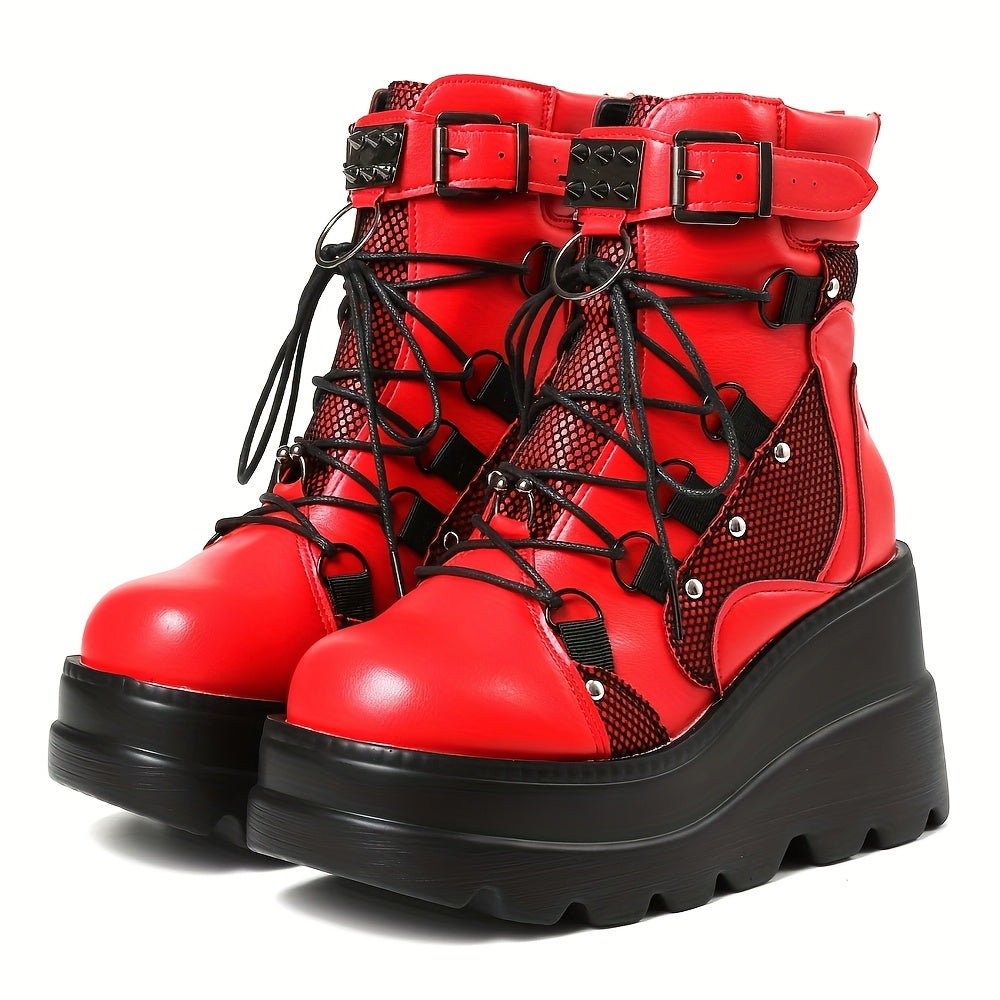 White platform wedge combat boots  alternative darkwave fashion women lace up front full length zipper chunky sole