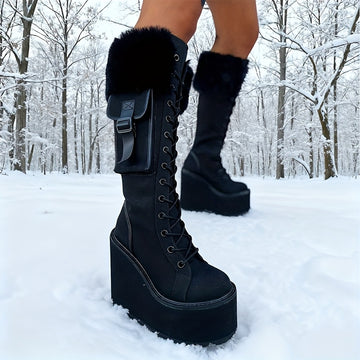 Black knee high faux fur boots darkwear fashion women front facing pair view chunky wedge platform