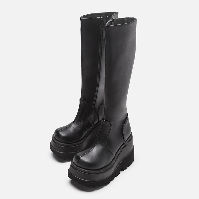 Black_platform_knee_high_biker_boots_alternative_darkwear_women_full_front_view