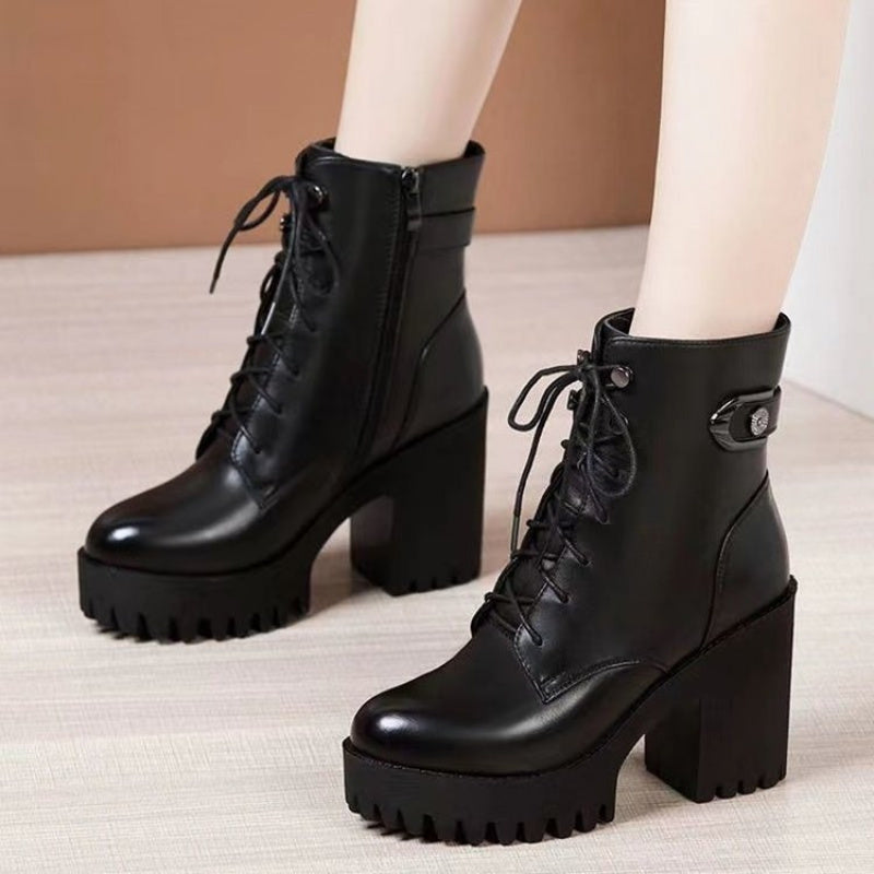 Black chunky block heel ankle boots darkwear fashion women lace up front buckle strap platform lug sole side profile