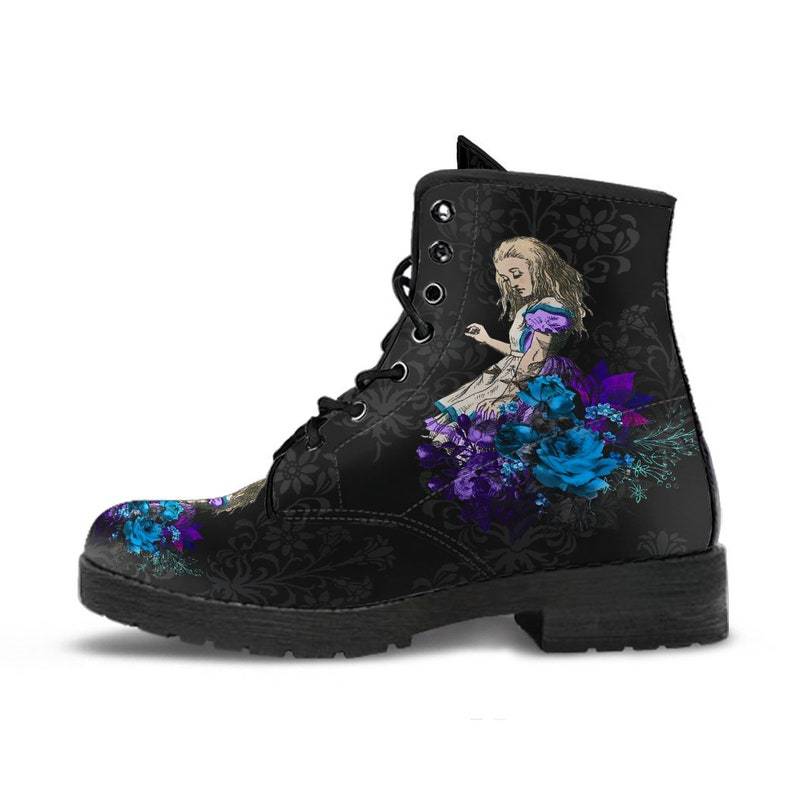 Dark fantasy print combat boots alternative fashion women Red Rabbit colorway full front view lace up