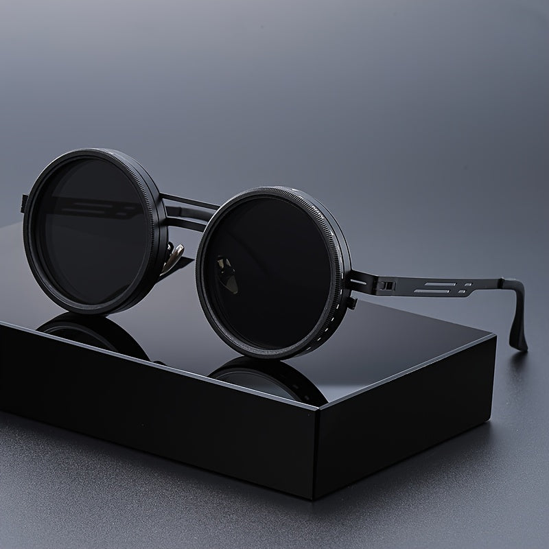 Alternative darkwear adjustable dial lens sunglasses — black zinc alloy frame UV400 round style