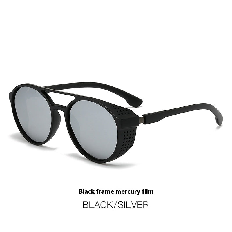 Alternative darkwear double bridge round sunglasses — black frame gradient blue lens UV400