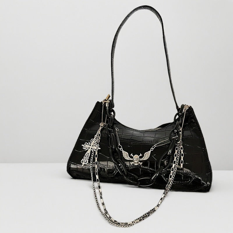 Gothic skull chain shoulder bag in black alligator faux leather with silver eagle pendant and cross charm from Alternative Darkwear