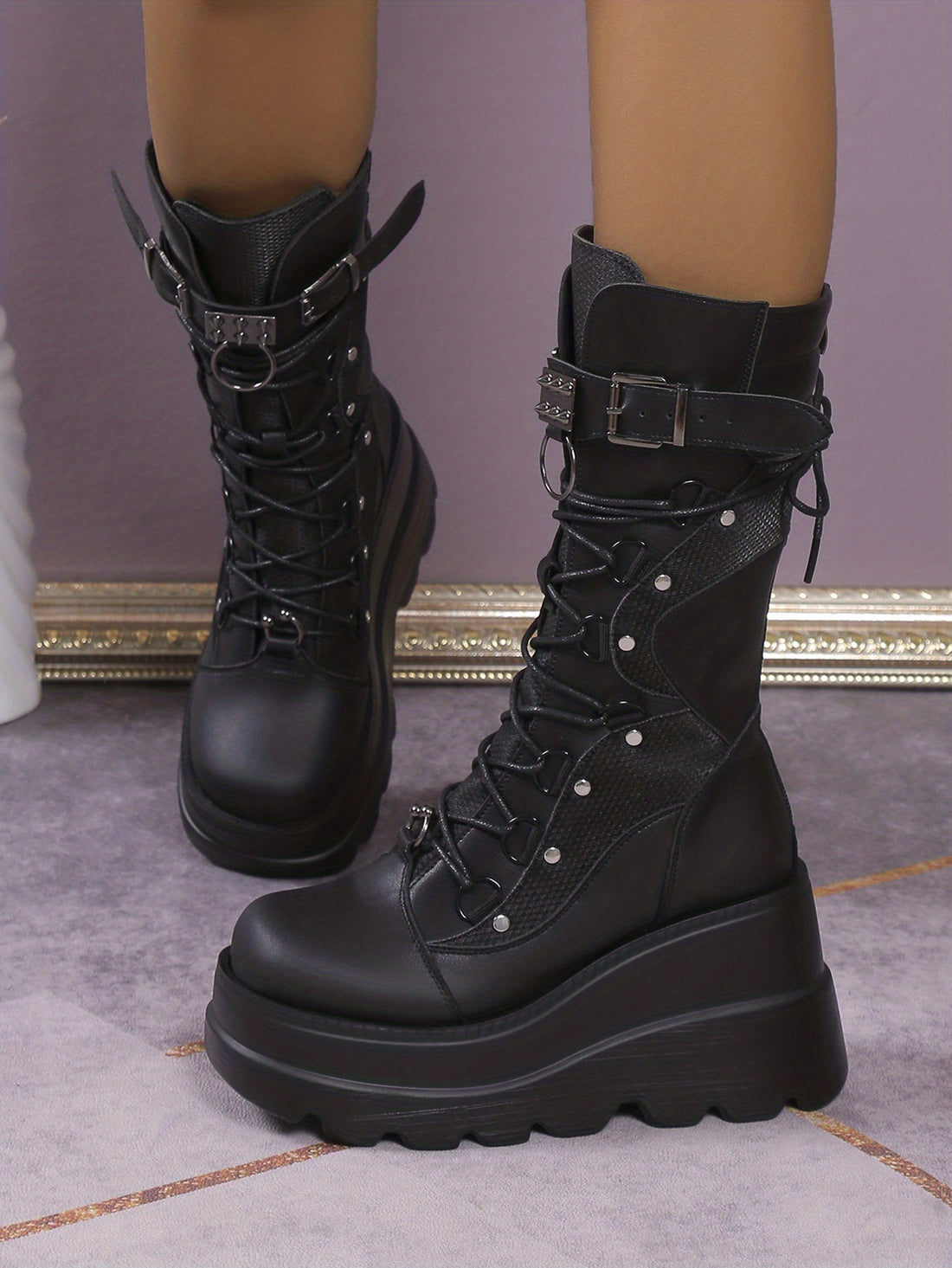 Black studded wedge platform boots darkwave fashion women silver dome studs full shaft side profile