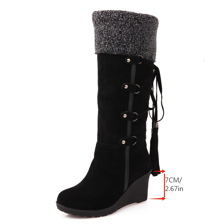 Black knee high wedge boots alternative fashion women knit cuff tassel detail front view