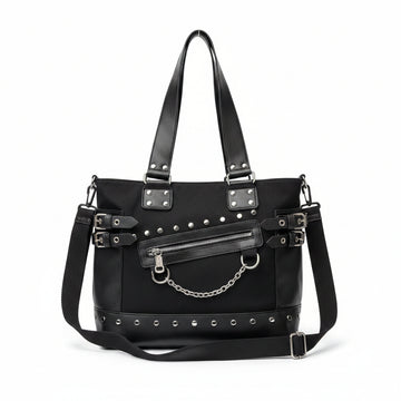 Large studded chain tote bag in black PU leather with rivet hardware and dual top handles from Alternative Darkwear