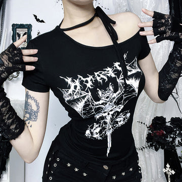 Gothic Off-Shoulder Print Top | Slim Knit Short Sleeve | Darkwear
