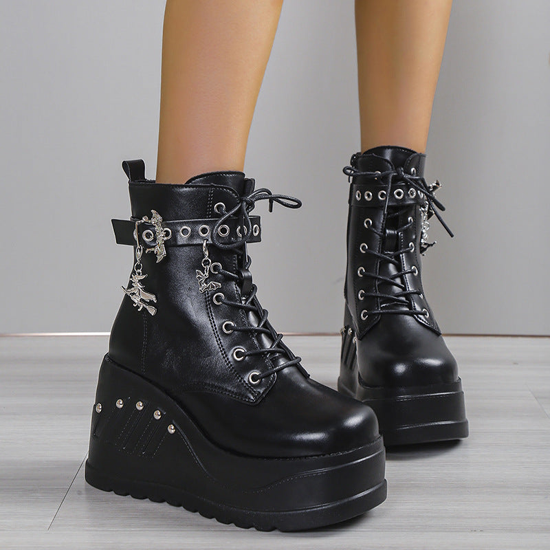 Black wedge platform boots darkwear fashion women full front view chain lace up and buckle strap