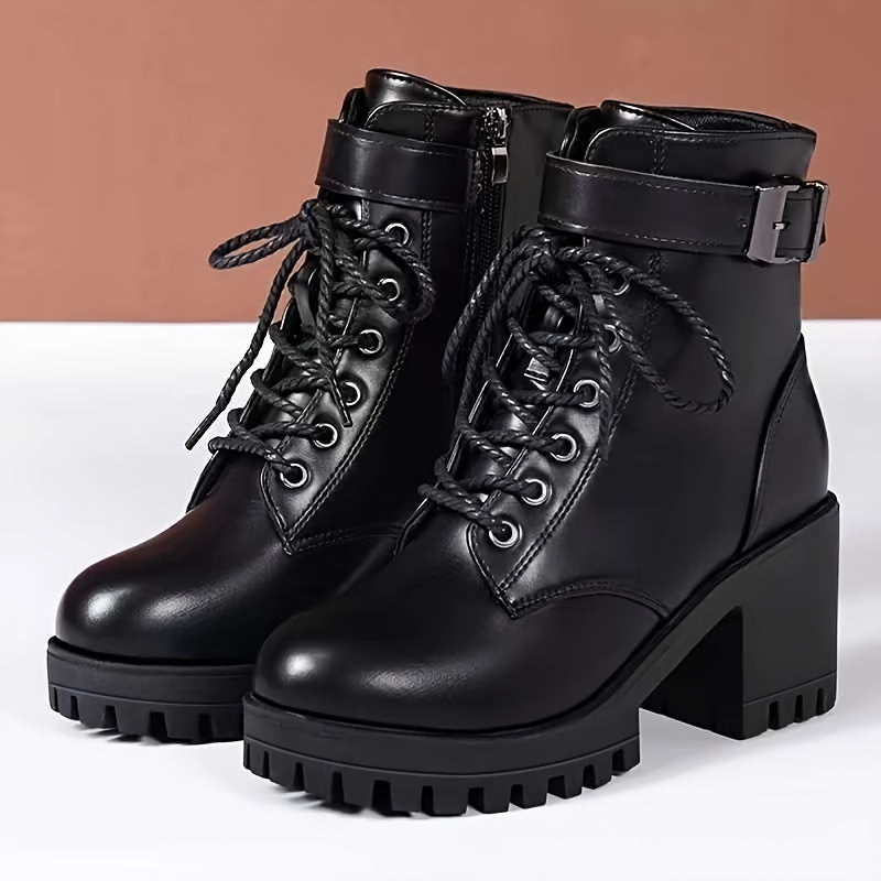 Black alternative darkwave lace up ankle boots women chunky block heel platform lug sole pair view